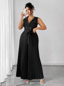 Elenzga Plus Size Women Lapel Neck Sleeveless Cinched Waist Pleated Wide Leg Jumpsuit