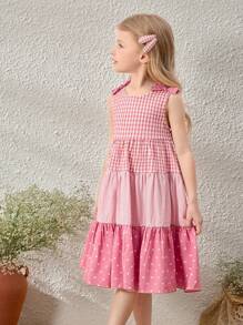 Blossori Young Girls' Elegant Loose Pink Patchwork Sleeveless Dress, Spring/Summer - Pink - View 3