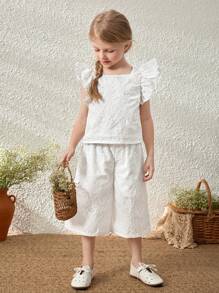 Blossori Young Girls' Elegant French Style White Embroidered Woven Blouse With Ruffle Sleeves & Matching Pants Suit, Spring/Summer