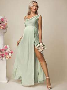 SHEIN 缎面无袖开衩孕妇装，适合伴娘礼服、晚会/婚礼派对 - 綠色 - 查看 5