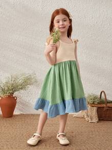 Blossori Gaun Tenun Gaya Prancis Elegan dengan Motif Patchwork Warna-warni untuk Anak Perempuan, Cocok untuk Musim Semi & Musim Panas - MultiWarna - View 3