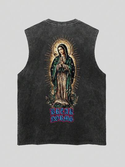 Goth Men's Casual Retro Virgin Mary Print Round Neck Tank Top