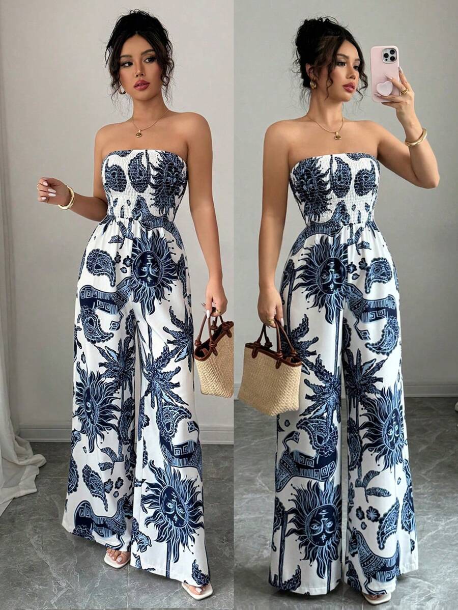 Elenzga Bộ đồ liền thân in họa tiết Bandeau có eo thắt và ống rộng cho nữ, thanh lịch khi đi nghỉ, đi làm và mặc hàng ngày - Xanh và trắng - Xem 1