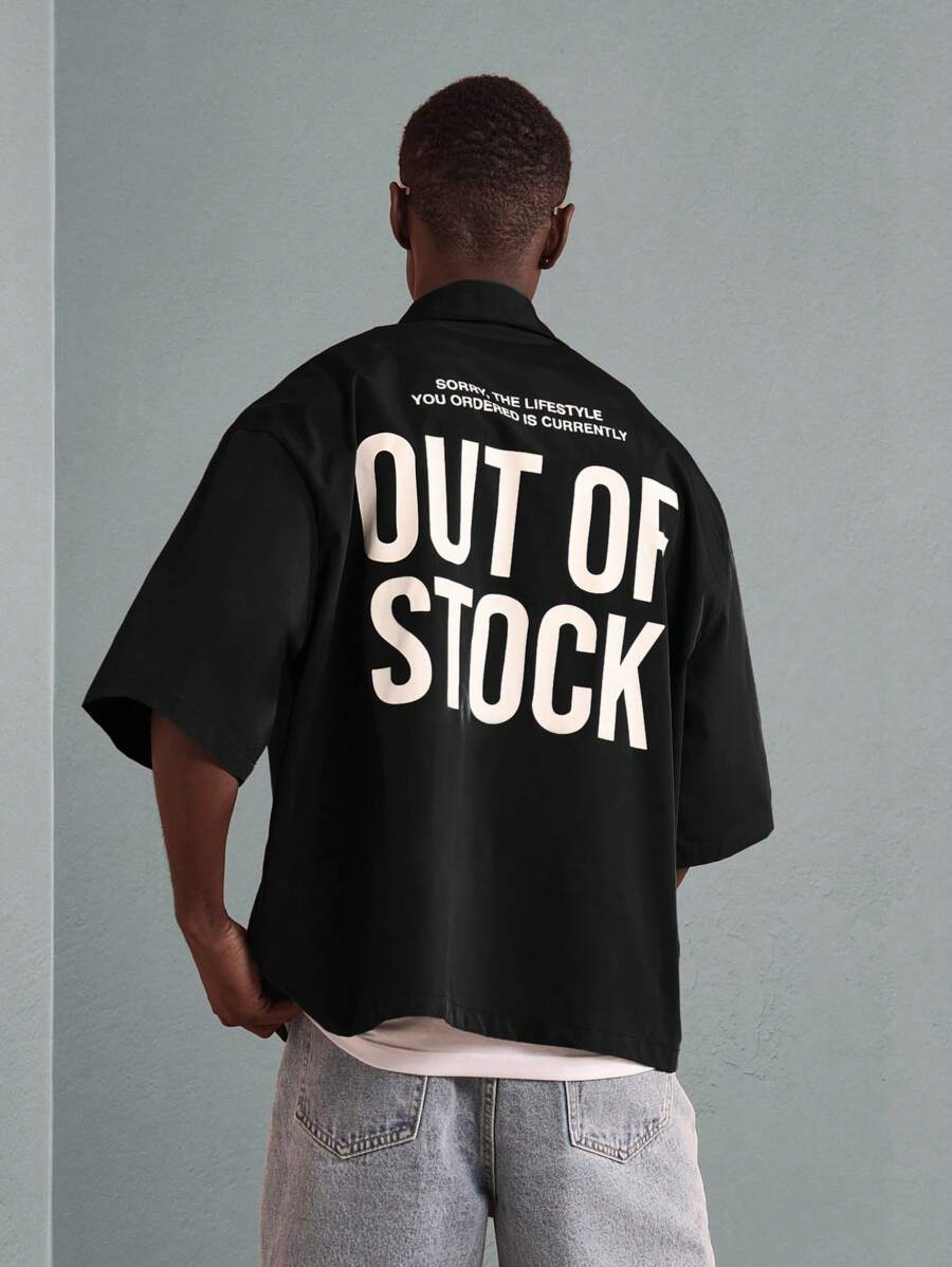 SUMWON Urban Boxy Fit Short Sleeve Button-Up Shirt With Statement Back Print, Lifestyle Message Summer Casual Streetwear - Black - View 1