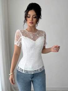 Elenzga Blusa casual corta con scollo a V, senza maniche, stile romantico in tinta unita con dettagli luccicanti, adatta per appuntamenti, feste, Pasqua, elegante stile francese, per l'estate