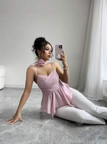 SHEIN Unity Elegant Ladies Dusty Mauve Summer Party Tank Top,Spaghetti Strap Criss-Cross Ruffle Asymmetric Double Layer Hem Back Tie 3D Rose Decor Cute Pink - Pink - View 5
