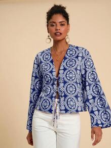 Travachic Vacation Woven Print Tie Front Bow Long Sleeve Loose Blouse For Women,Summer,Beachwear,Easter,Beach,Spring Break,Vacation Women,Concert,BOHO,Bohemia,Music Festival,Tropical Vacation - Blue - View 5