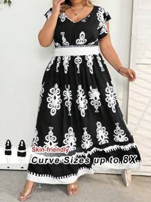 SHEIN CURVE+ Vestido casual de vacaciones con cuello en V, volantes, mangas tapón, cintura con cordón y dobladillo con volantes en forma de A, para mujer talla grande. Atuendo para la playa/Vestido de playa/Atuendos de vacaciones en la playa/Esenciales de playa/Graduación/Vestido para té