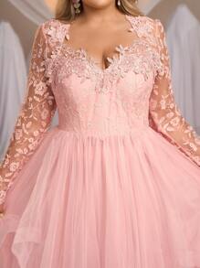 SHEIN Belle Vestido de novia elegante y grácil para novia, de talla grande, de manga larga, con bordados, patchwork de malla y cuello alto voluminoso - Rosa - Ver 7