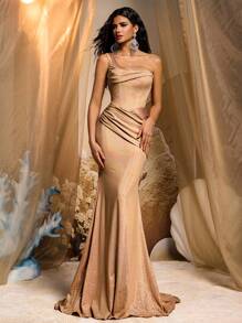 Glamrae Elegant & Luxurious Sequin Knitted Satin Ruched Mermaid Hem Dress,Heavy Embellished Evening Gown For Wedding Guest,Party,Prom,Formal Occasions - Gold - View 4