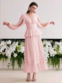 MOTF Soiréza VESTIDO CON VOLANTES Y ENCAJE DE CONTRASTE - Rosa - Ver 5