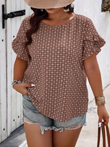 Breezaya Women Plus Size Geometric Printed Round Neck Ruffle Sleeve Casual Blouse - Coffee Brown - View 1
