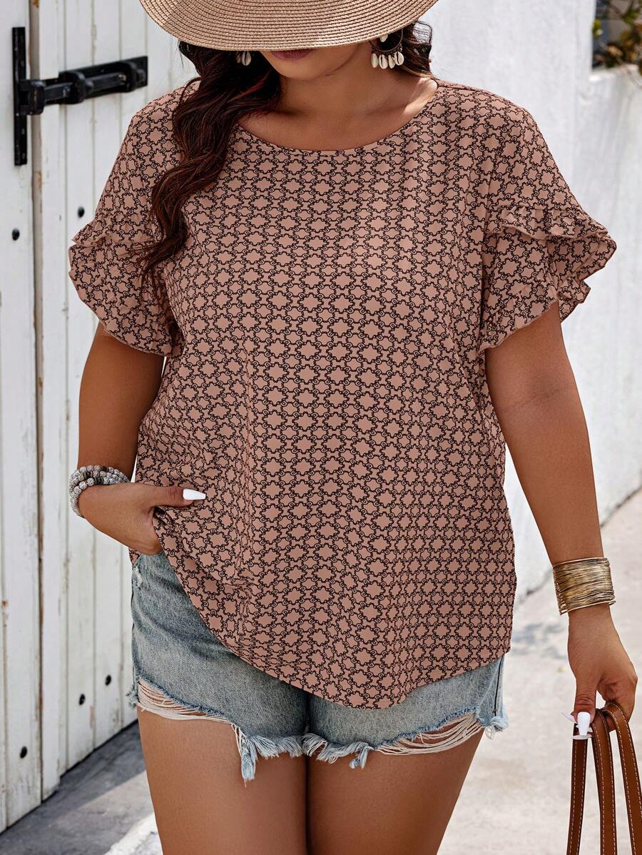Breezaya Women Plus Size Geometric Printed Round Neck Ruffle Sleeve Casual Blouse - Coffee Brown - View 1