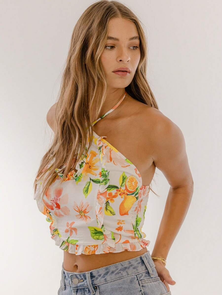Aralina Floral Print Halter Ruffle Trim Summer Vacation Crop Top - Yellow - View 1