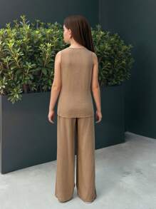 SHEIN Nova Glow Tween Girls Casual Chic Solid Color Square Neck Sleeveless Top And Straight Leg Pants Set Graduation Outfit - Khaki - View 2