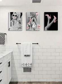 3 件套无框时尚粉色浴室墙面艺术装饰 - 现代女性图片闪亮连衣裙帆布墙面艺术，迷人粉色闪亮帆布海报，有趣的浴室艺术 - 彩色 - 查看 5