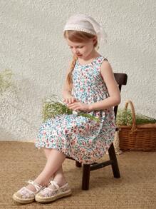 Blossori Young Girls French Elegant Ditsy Floral Printed Sleeveless Shift Dress, For Spring/Summer - Multicolor - View 1