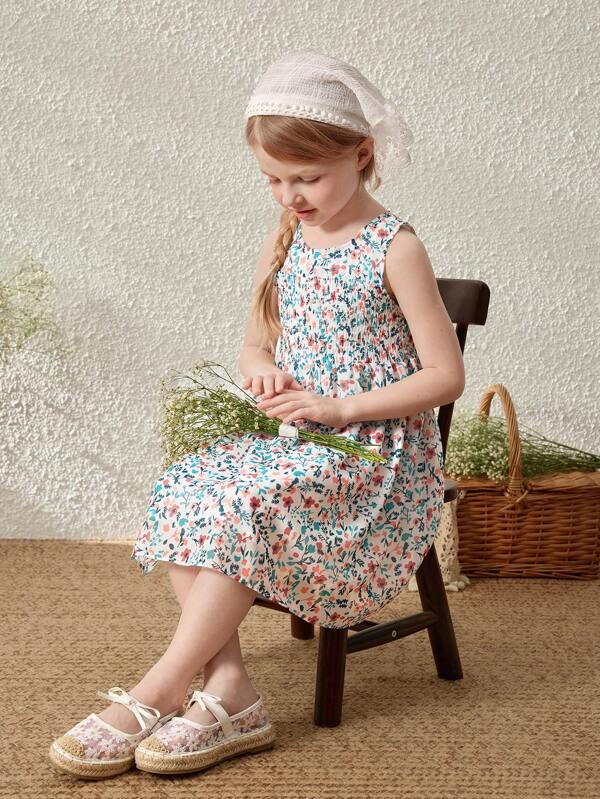Blossori Young Girls French Elegant Ditsy Floral Printed Sleeveless Shift Dress, For Spring/Summer