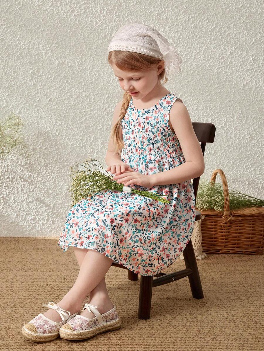 Blossori Young Girls French Elegant Ditsy Floral Printed Sleeveless Shift Dress, For Spring/Summer - Multicolor - View 1