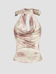 INAWLY เสื้อเบลาส์ผูกคอหญิง พิมพ์ลายกราดสี คอวี ปลายระบาย สบาย