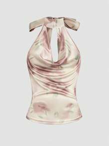 INAWLY Women's Tie-Dye Print Ruffled V-Neck Comfortable Blouse With Neck Tie - Baby Pink - View 1