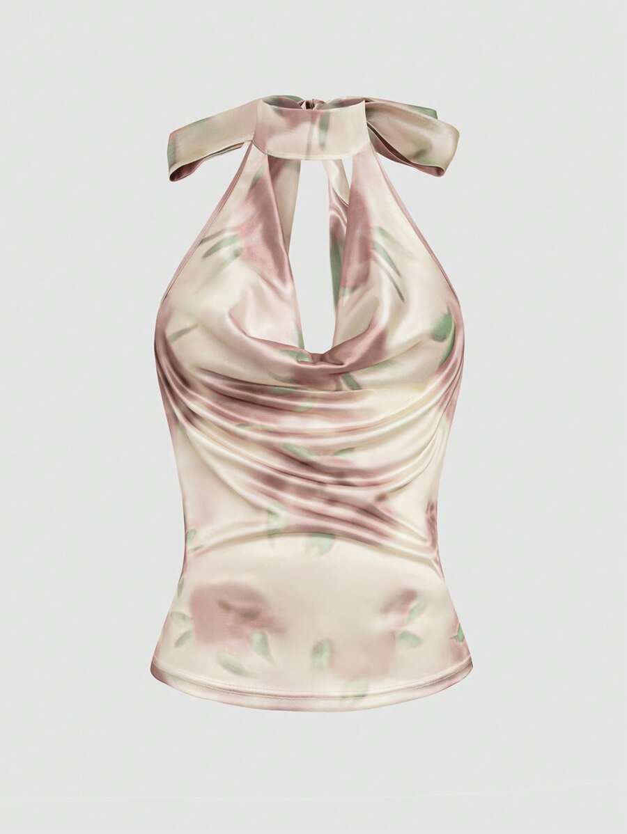 INAWLY Women's Tie-Dye Print Ruffled V-Neck Comfortable Blouse With Neck Tie - Baby Pink - View 1