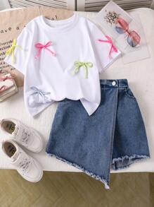青少年女孩牛仔蝴蝶结刺绣 T 恤和牛仔短裤休闲两件套 - 白色 - 查看 1