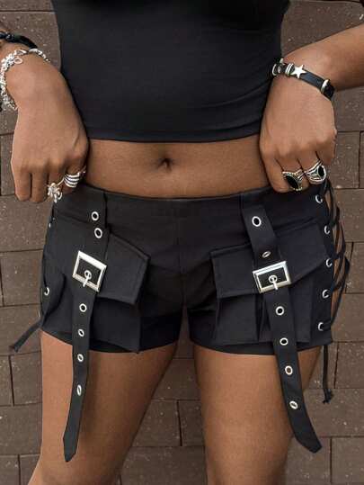 Amplova Rave Outfits Gyaru Style Festival Boho Vacation  Women Summer Clothes  Cowgirl  Extremely Low-Rise Utility Pockets Metal Eyelets Webbing Decor Criss-Cross Strap Shorts