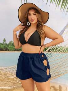 Swim Lushoire Plus Size Women Black Hollow Bowknot Decor Beach Shorts Black Shorts Women - Navy Blue - View 5