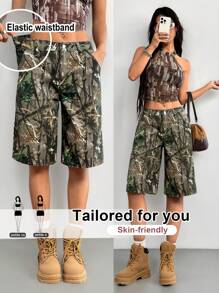 SHEIN PETITE Women's Denim Shorts Low Rise Bermuda Shorts Branch Camouflage Beach Pants Y2K Concert Women Denim Shorts - Multicolor - View 1