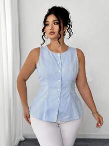 Elenzga Áo vest không tay thanh lịch & tinh tế dành cho nữ, áo sơ mi kẻ sọc xanh ôm vừa vặn cỡ lớn, mùa hè - Màu xanh lam - Xem 7