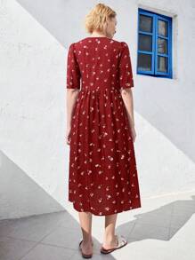 EMERY ROSE 女士 V 领优雅小花短袖中长款夏装