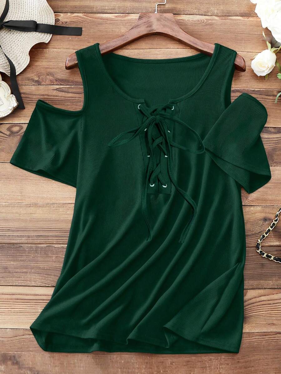 INAWLY Women's Solid Color Eyelet Tie Front Cold Shoulder Short Sleeve Casual T-Shirt - Green - View 1