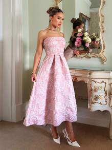 SHEIN PETITE Áo crop top hở lưng gợi cảm vải dệt họa tiết váy dạ hội đầu xuân mới, trang phục nghỉ dưỡng có dải chống trượt, cạp chun sau lưng, thiết kế viền loe, dài đến giữa bắp chân dành cho quý cô - Hồng - Xem 5