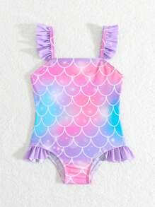 SHEIN Baby Girl Printed One-Piece Swimsuit With Ruffles, No Edges Lock - Multicolor - View 5