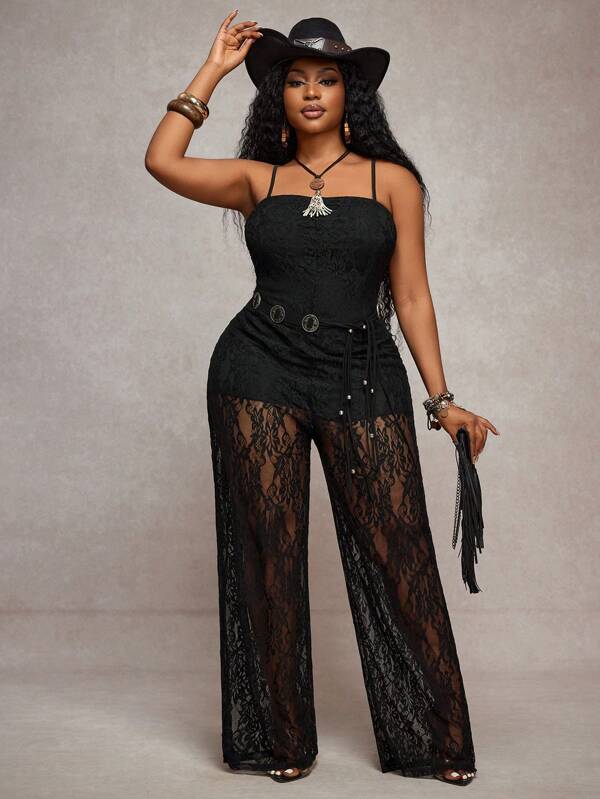 Slaydiva Plus Size Sleeveless Sexy Sheer Lace Jumpsuit - Black, Elegant For Parties, Dating, Music Festivals