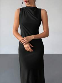 Firerie The New Yellow Satin Silk Elegant Backless Strappy Collar Ruffled Hem Long Dress Is Suitable For Wedding Season, Bridesmaid Dresses, Date Night, Cocktail Parties, Graduation Ceremonies, Garden Parties, Vacations And Other Occasions, Highlighting The Body Curves And Highlighting Personal Unique Charm,Rave Outfits Festival - Black - View 7