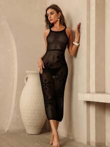 SHEIN Swim Robe élégante noire style jacquard tricoté pour femme, idéale pour les vacances d'été à la plage