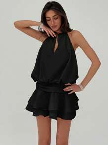 Aloruh Vestido mini con volantes elegante y sexy con espalda descubierta para mujer