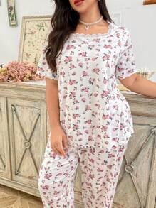 CottageSlumber Plus Size Printed Lace Splice Crew Neck Short Sleeve Top And Pants Loungewear Set, Bountiful Floral Splendor Cozy And Elegant Details