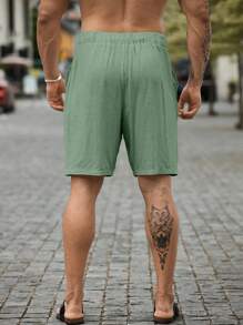 Manfinity RSRT Men's Plus Size Solid Color Drawstring Shorts With Pockets Summer Casual Linen Knee Plain Men Summer Shorts