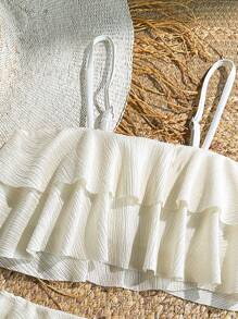 Tween Girls 2 Pieces Bikini Set, Jacquard White Fabric With Ruffle, Fashionable Casual Elegant Graceful For Swimming, Vacation, Summer, Sweet Style, Solid Light Beige Tween Girl Summer Clothes Tween Summer Clothes Girls Toddler Girl Bathing Suits Summer Holiday - White - View 8