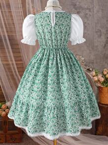 1pc Ruffle Trim Short Sleeve Blouse Patchwork Ditsy Floral Crochet Lace Bohemian Dress For Tween Girls - Green - View 2