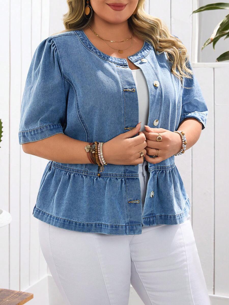 EMERY ROSE 大码女式夏季度假泡泡袖收腰蓝色牛仔衬衫 - 淺色水洗藍 - 查看 1