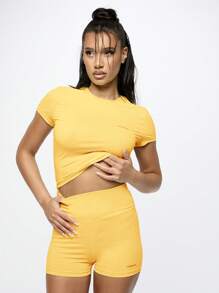 SUMWON WOMEN Workout Baby Tee Booty Shorts Fitness Exercise Matching Activewear Gym Running Summer Festival Style