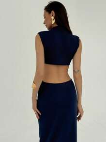 Aloruh Đầm siêu dài khoét lỗ trang trí kim loại thời trang nữ, mùa hè - Màu xanh lam - Xem 2