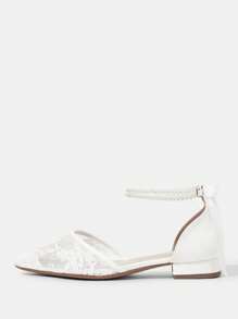 CUCCOO HITCHD 女士白色珍珠蝴蝶结蕾丝网眼平底鞋，舒适优雅的低跟一脚蹬鞋，适合婚礼和派对 - 白色 - 查看 6