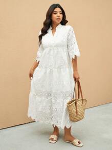 Elaquor 大码简约镂空刺绣缺口领连衣裙，度假风格，夏季