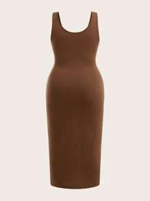 SHEIN BASICS Vestido sin mangas de punto de color liso, ajuste ceñido, cuello redondo, talla grande - Café integral - Ver 2