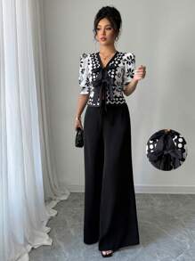 Elenzga 2 件套女士黑白印花优雅衬衫和阔腿裤，春秋 - 彩色 - 查看 1